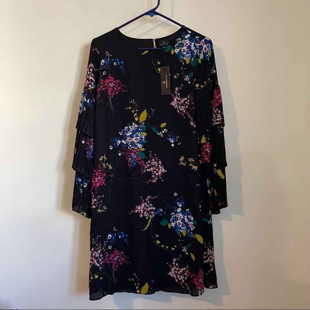 NWT Worthington Black Floral Pleat Sleeve Dress